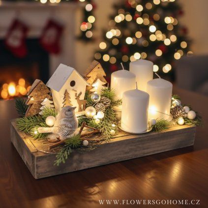 Adventní svícen na dřevěné podložce LED vánoční světýlka