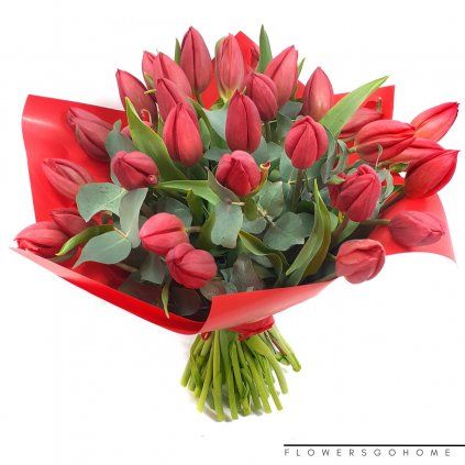 Červené tulipány s eukalyptem a manžetou
