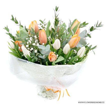 Oranžové a bílé tulipány v manžetě